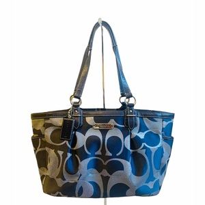 Coach Gallery Signature 3 Color Tote Blue/Silver